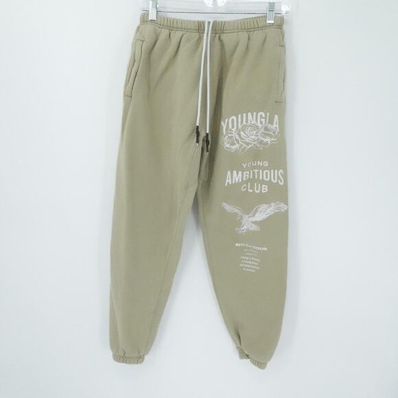 YOUNGLA Pants Mens Medium Khaki Young Ambitious Club Sweatpants Joggers Fleece - Picture 1 of 15